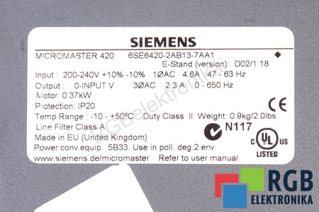 6SE6420-2AB13-7AA1 SIEMENS MICROMASTER 420