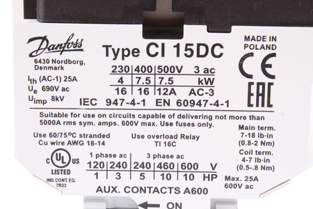 CI15DC12 DANFOSS 037H800366 12V 16A 7.5KW 3 NO MAIN STYKAČ