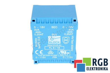 FL8/18 BLOCK 2 X 115V, 2 X 18V, 8 VA, 50HZ / 60HZ TRANSFORMÁTOR