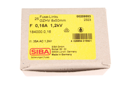 POJISTKA 184000.0.16 SIBA 1200V, 0.16A, 8MM, 50MM