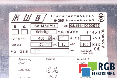 GS141 ID3506742 KWB 142/0293 400V, 24V TRANSFORMÁTOR